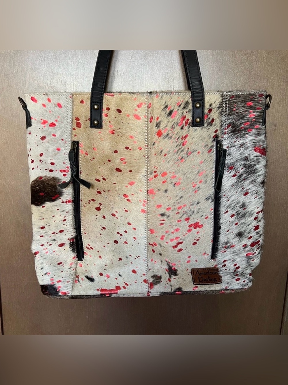 American Darling Speckled Cowhide Tote Bag with Brown Leather Straps